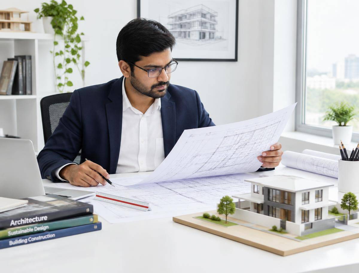 Architect reviewing building blueprints with a house model